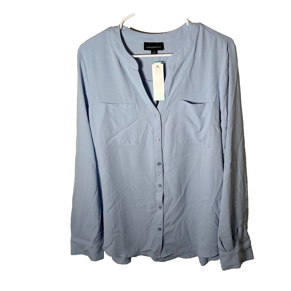 Fortune & Ivy Shirt Women's XL Blue Button Up V-Neck Long Sleeve Pocket Top